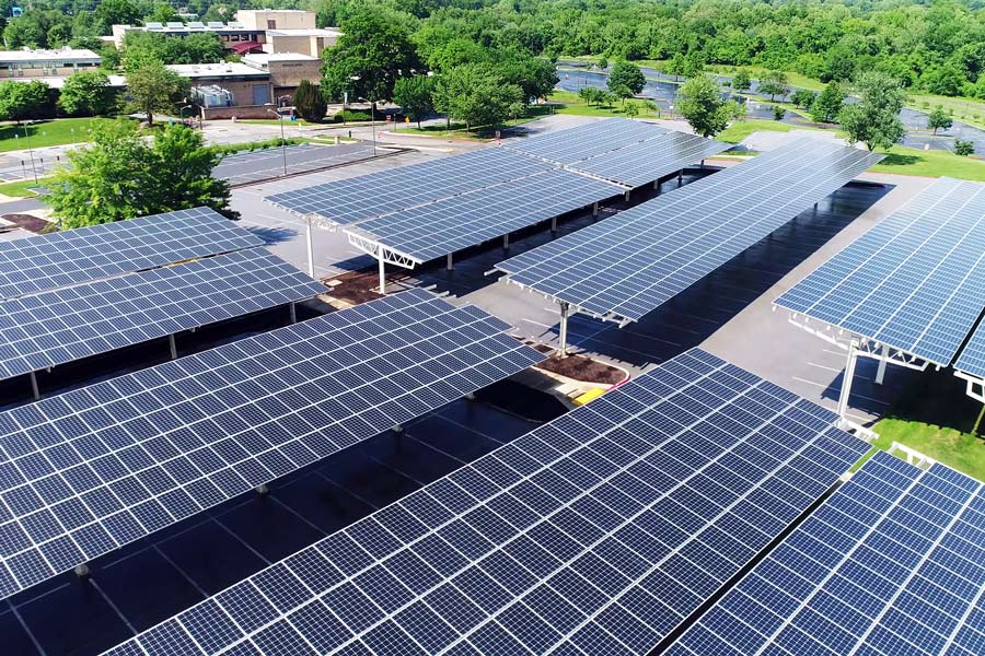 aerial view of several commercial buildings with solar panels installed bluffton in